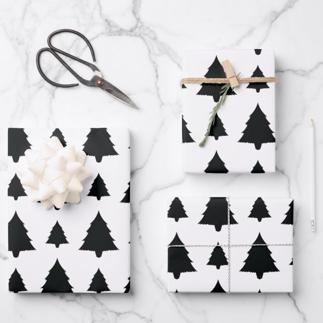 Black And White Fir Christmas Tree Pattern Wrapping Paper Sheet (Front)