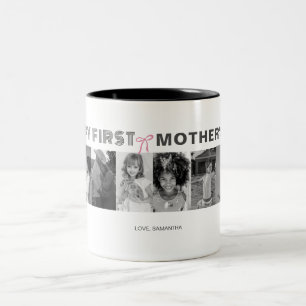 Black and White First Mother Day Photo Collage  Two-Tone Coffee Mug