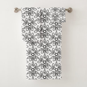 Black and White Fish and Hook Pattern Bath Towel Set