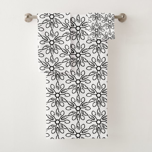 Black and White Fish and Hook Pattern Bath Towel Set (Insitu)