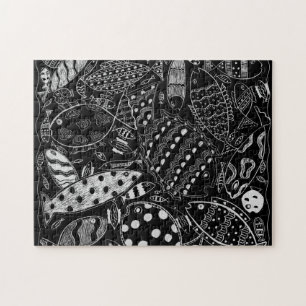 Black And White Fish Pattern Modern Art Jigsaw Puzzle