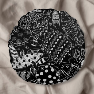 Black And White Fish Pattern Modern Art Round Cushion
