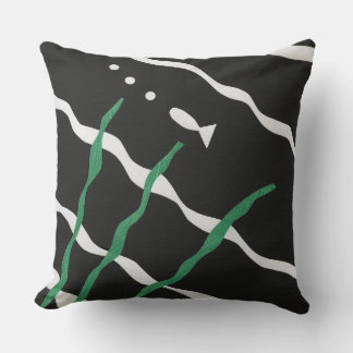 Black and White Fish with bubbles and seaweed Cushion