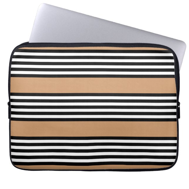 Black and white five stripe pattern with tan laptop sleeve (Front)