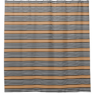 Black and white five stripe pattern with tan shower curtain
