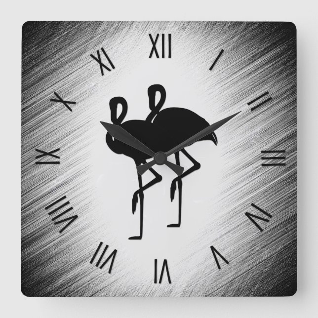 Black and White Flamingo Square Wall Clock (Front)