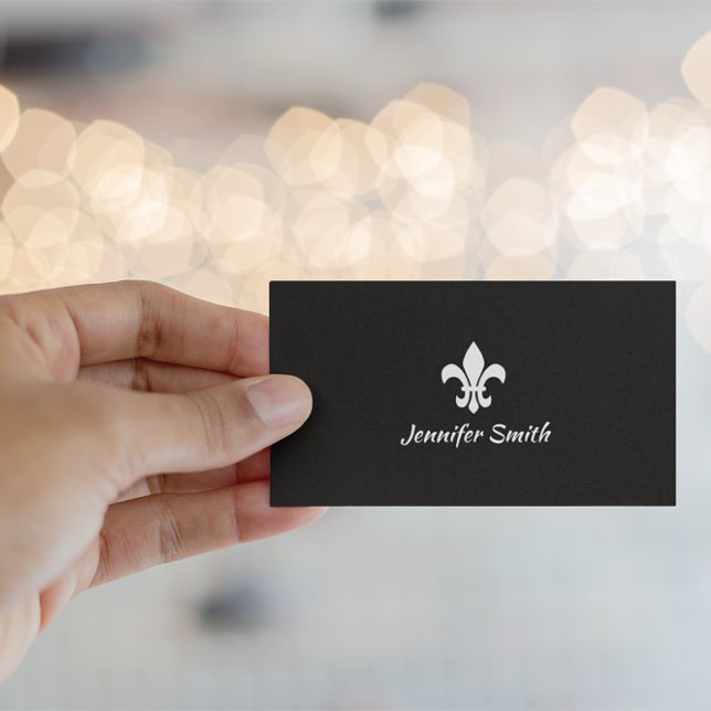 Black and White Fleur de Lis Business Card (Replace the fleur de lys and create your own black background logo business cards.)