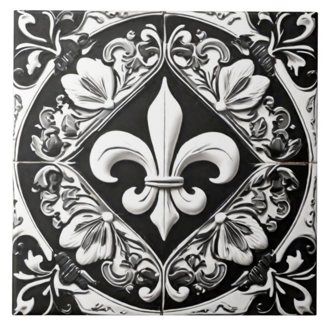Black and White Fleur de Lis Ceramic Tile (Front)