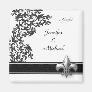 Black and White Fleur de Lis Damask Wedding Magnet