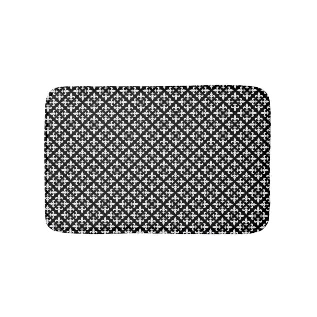 Black and White Fleur De Lis Elegant Pattern Bath Mat (Front)