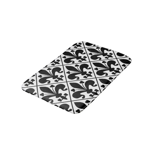 Black and White Fleur de Lis French Classic Bath Mat (Angled)
