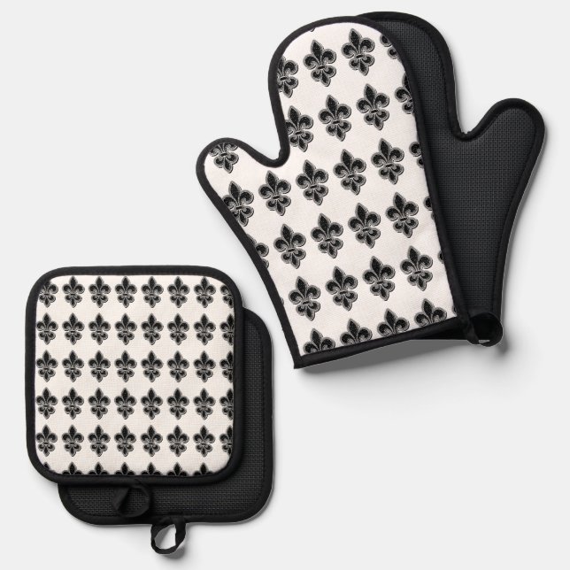 Black and White Fleur De Lis  Oven Mitt & Pot Holder Set (Front/Back)
