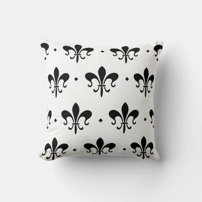 Black and White Fleur de Lis Pattern Throw Pillow (Front)