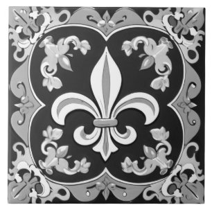 Black and White Fleur de Lis Tile Ceramic