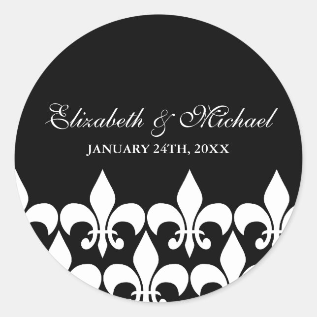 Black and White Fleur de Lis Wedding Favour Label (Front)