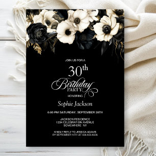 Black and White Floral 30th Birthday Party Invitation