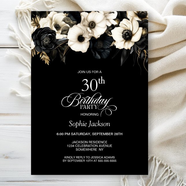Black and White Floral 30th Birthday Party Invitation (Creator Uploaded)