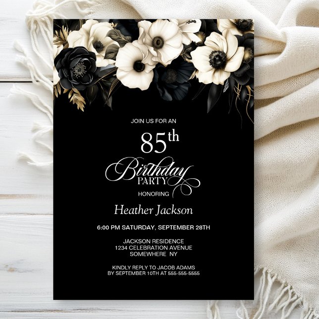 Black and White Floral 85th Birthday Party Invitation (Creator Uploaded)