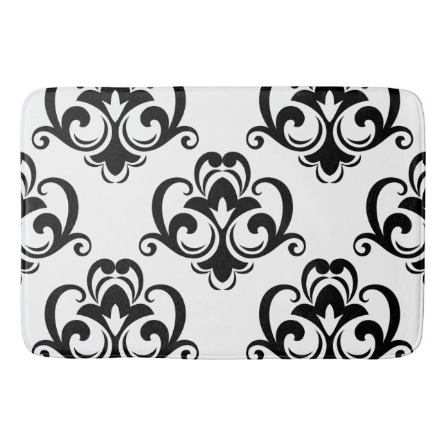 Black and White Floral Arabesque  Bath Mat (Front)