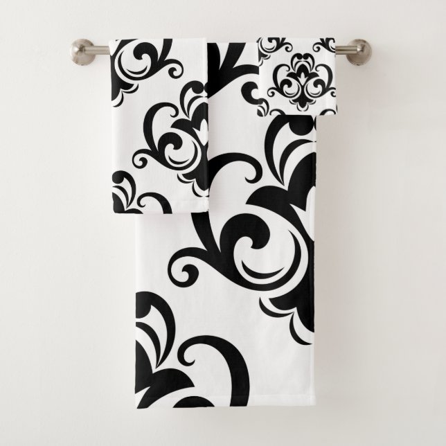 Black and White Floral Arabesque  Bath Towel Set (Insitu)