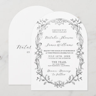 Black And White Floral Arched Old Money Wedding Invitation