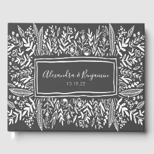 Black and White Floral Art Border Name Wedding  Guest Book