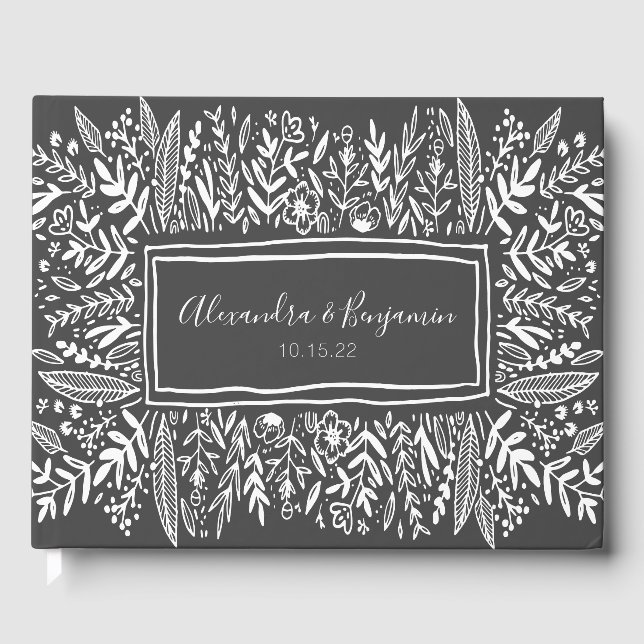 Black and White Floral Art Border Name Wedding  Guest Book (Front)