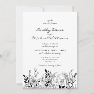 Black and White Floral Art Wedding Invitation