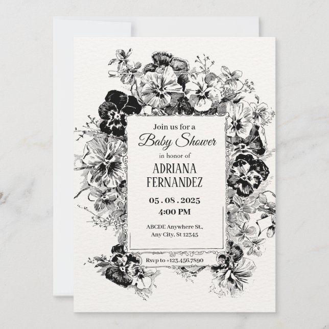 black and white floral artistic Baby Shower Invitation (Front)