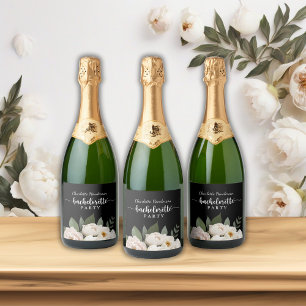 Black And White Floral Bachelorette Party Sparkling Wine Label