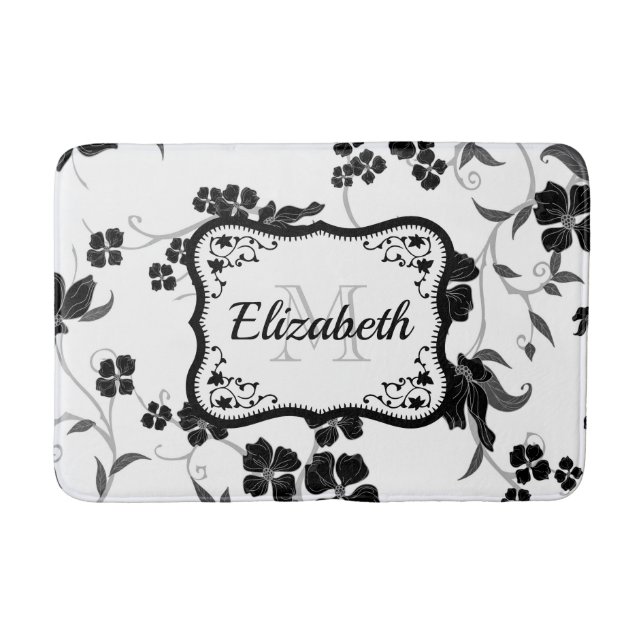 Black and White Floral Bath Mat (Front)