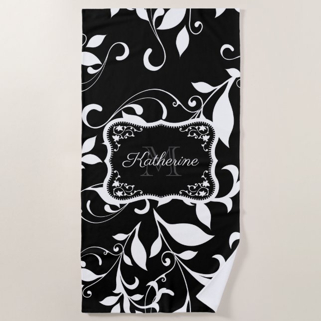 Black and White Floral Beach Towel (Front)