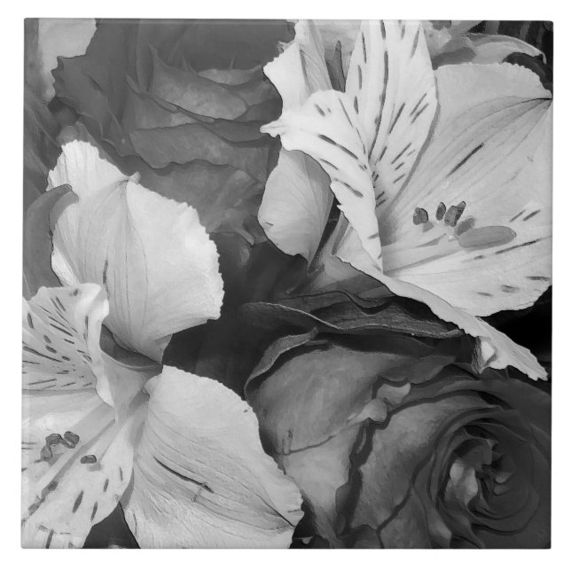 Black and white floral beauty ceramic tile (Front)
