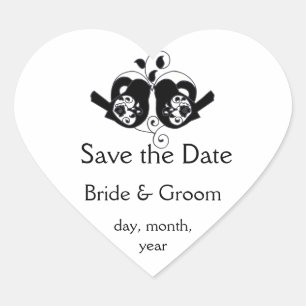 Black and White Floral Bird and Heart Wedding Heart Sticker