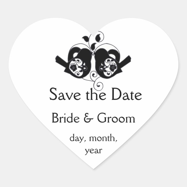 Black and White Floral Bird and Heart Wedding Heart Sticker (Front)
