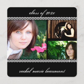 Black and White Floral Border Photo Graduation Invitation