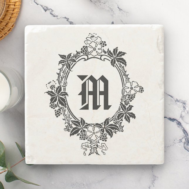 Black and White Floral Border with Monogram Stone Coaster (Creator Uploaded)