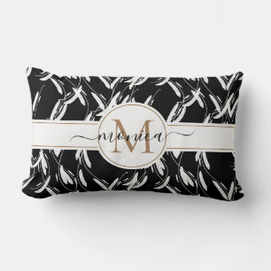 Black and White Floral Botanical Gold Monogrammed Lumbar Cushion