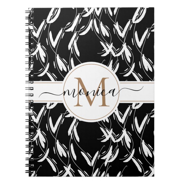 Black and White Floral Botanical Gold Monogrammed Notebook (Front)