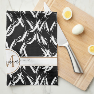 Black and White Floral Botanical Gold Monogrammed Tea Towel