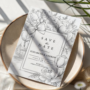 Black and White Floral Bow Wedding Save The Date