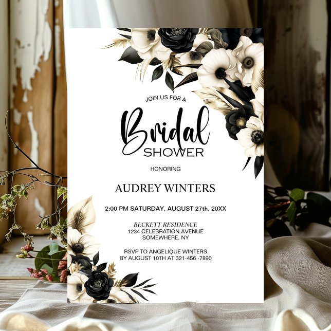 Black and White Floral Bridal Shower Invitation (Creator Uploaded)