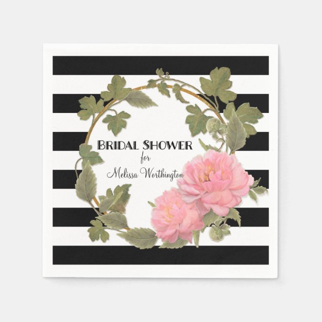 Black and White Floral Bridal Shower Pink Peony Napkin (Front)