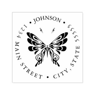 Black and White Floral Butterfly Return Label Self-inking Stamp