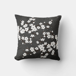 Black And White Floral Cherry Blossoms Cushion