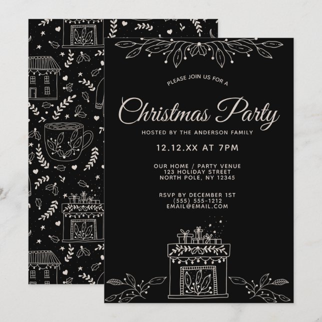 Black and White Floral Christmas Party Invitation (Front/Back)