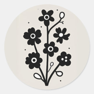 Black and White Floral Classic Round Sticker