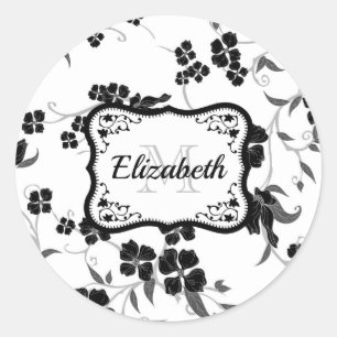 Black and White Floral Classic Round Sticker