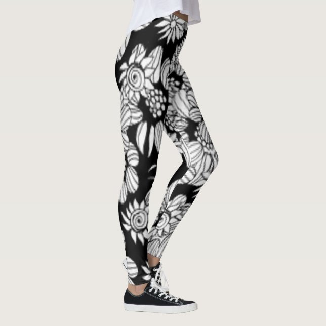 Black and White Floral Comfy Yoga Pants Leggings (Right)