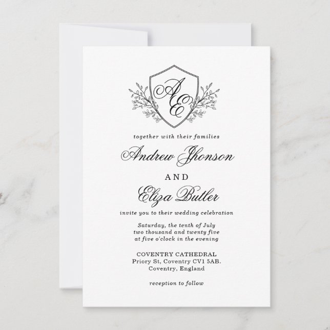 Black and White Floral Crest Monogram Wedding Invitation (Front)